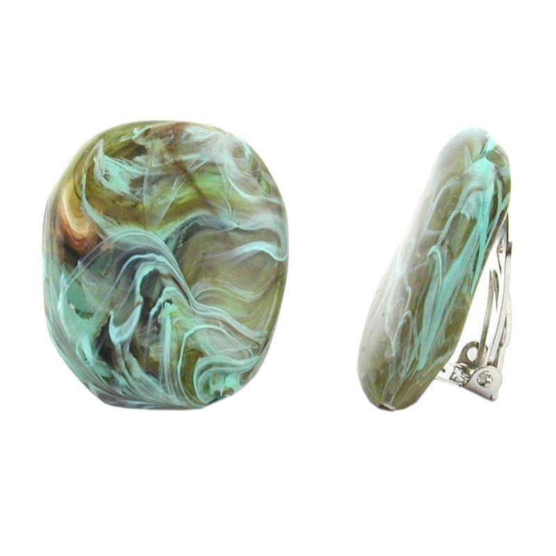 Clip Ohrring 28x23mm Kiesel oliv-braun-türkis-marmoriert glänzend Kunststoff-Bouton