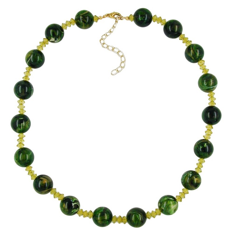 Kette Kunststoffperlen grün-gold-marmoriert oliv-gelb-transparent 45cm
