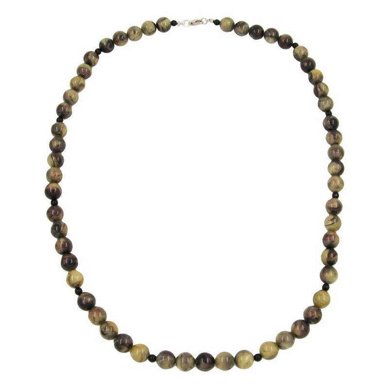Kette, Perlen 12mm oliv-schwarz-marmor