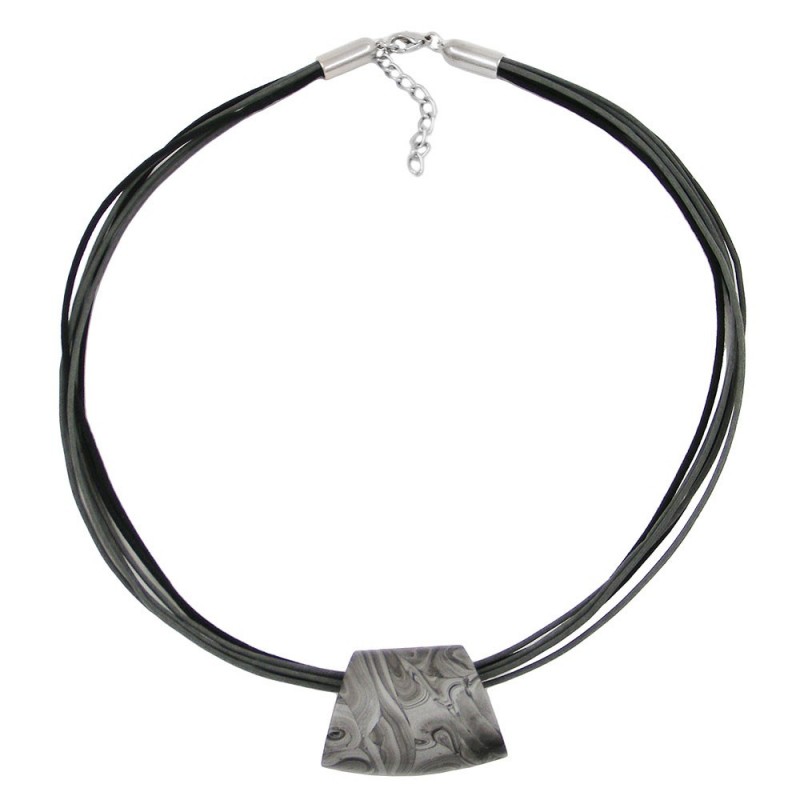 Kette Kunststoffperle Trapez silbergrau-marmoriert glänzend Kordel grau-schwarz 45cm